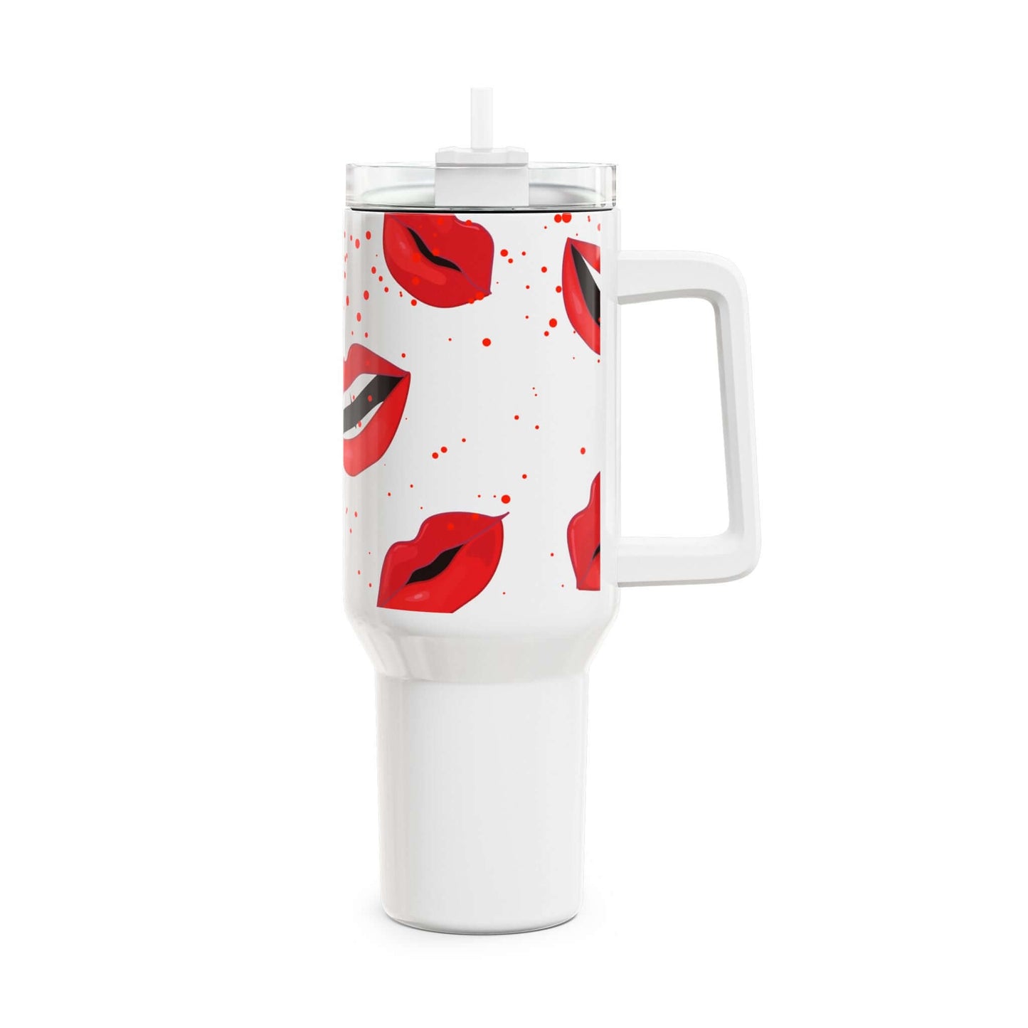 Red Lips Gym Tumbler showcasing vibrant red lips pattern and a clear lid for stylish hydration on the go.