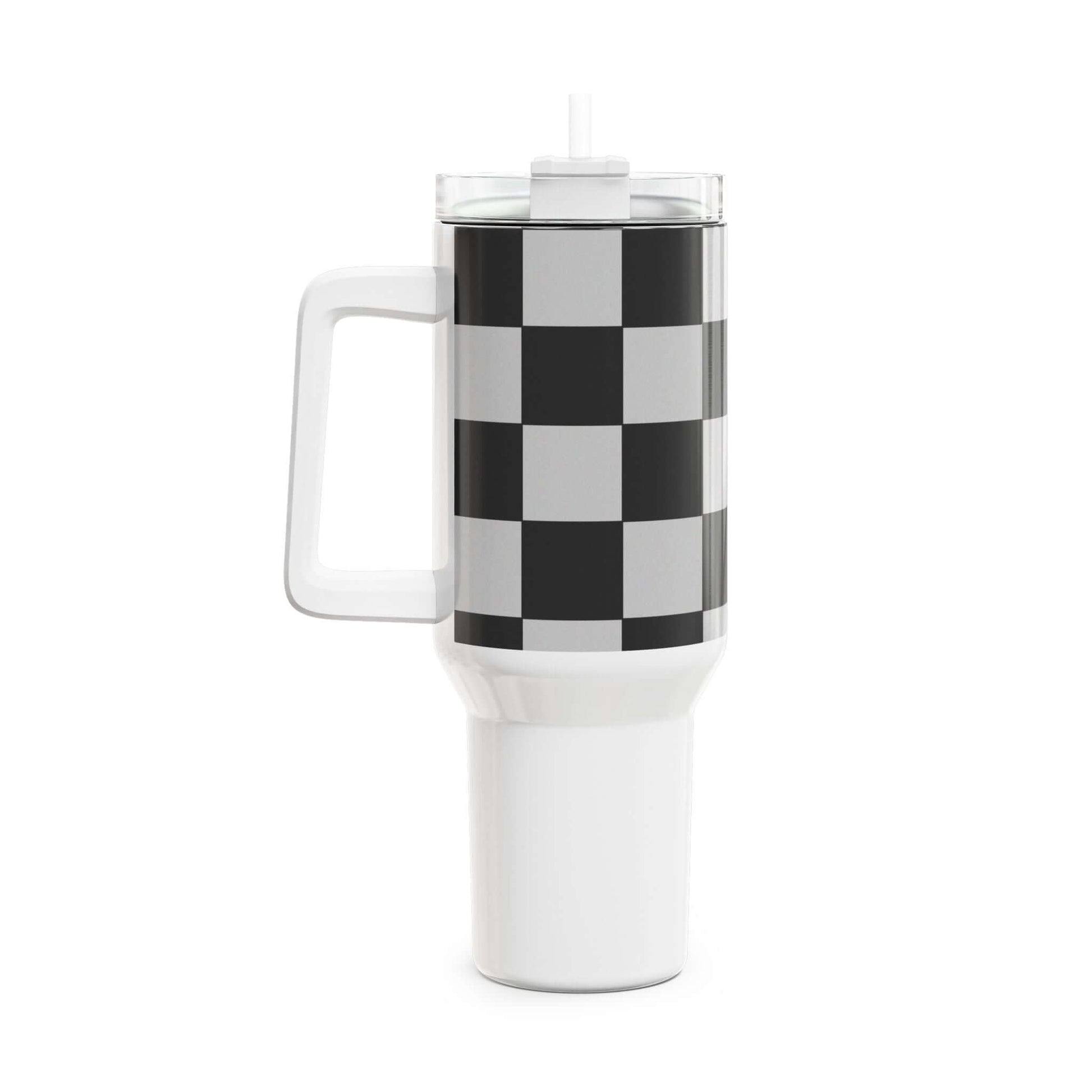 Checkered Fitness Lifestyle Tumbler with a black and white checkered design and clear lid for easy drinking.
