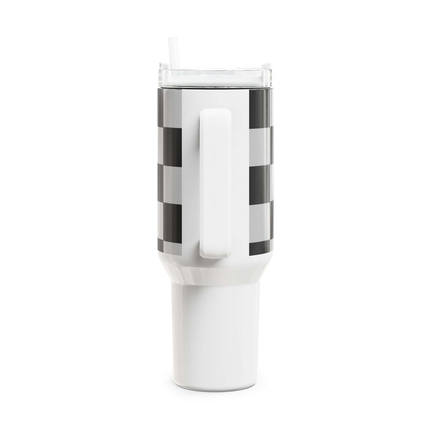 Checkered Fitness Lifestyle Tumbler with a handle, straw, and double-wall insulation for hot and cold drinks.