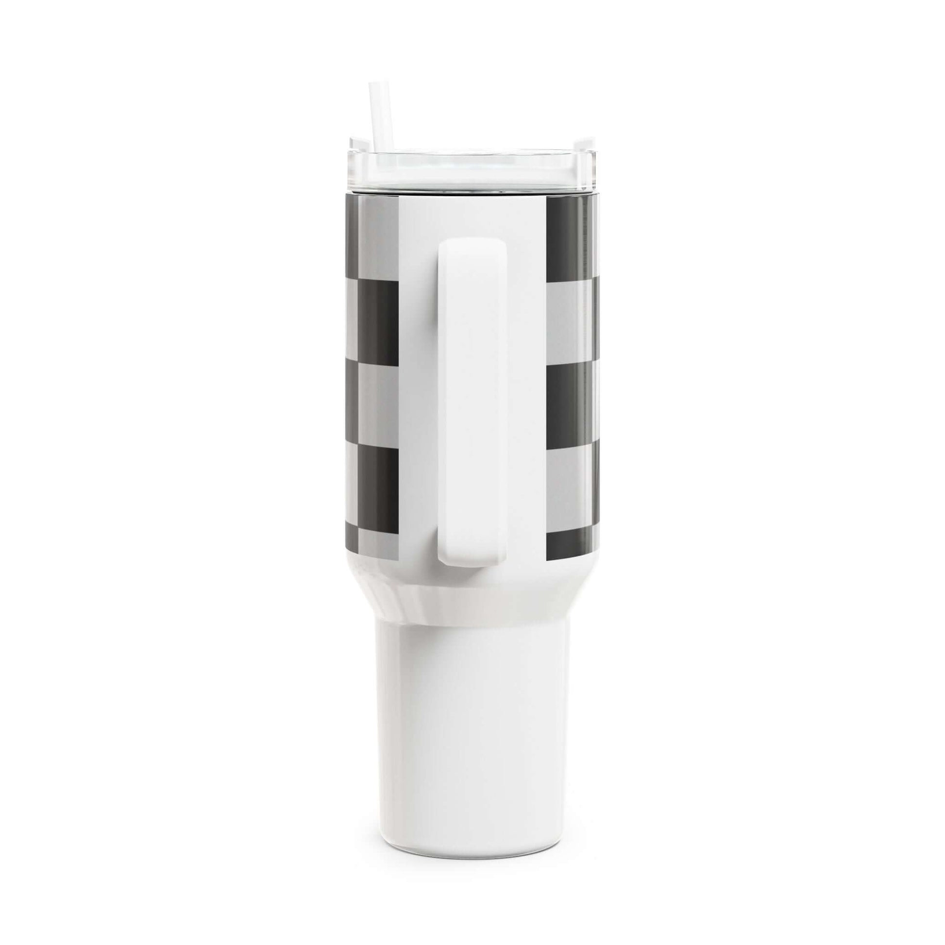 Checkered Fitness Lifestyle Tumbler with a handle, straw, and double-wall insulation for hot and cold drinks.