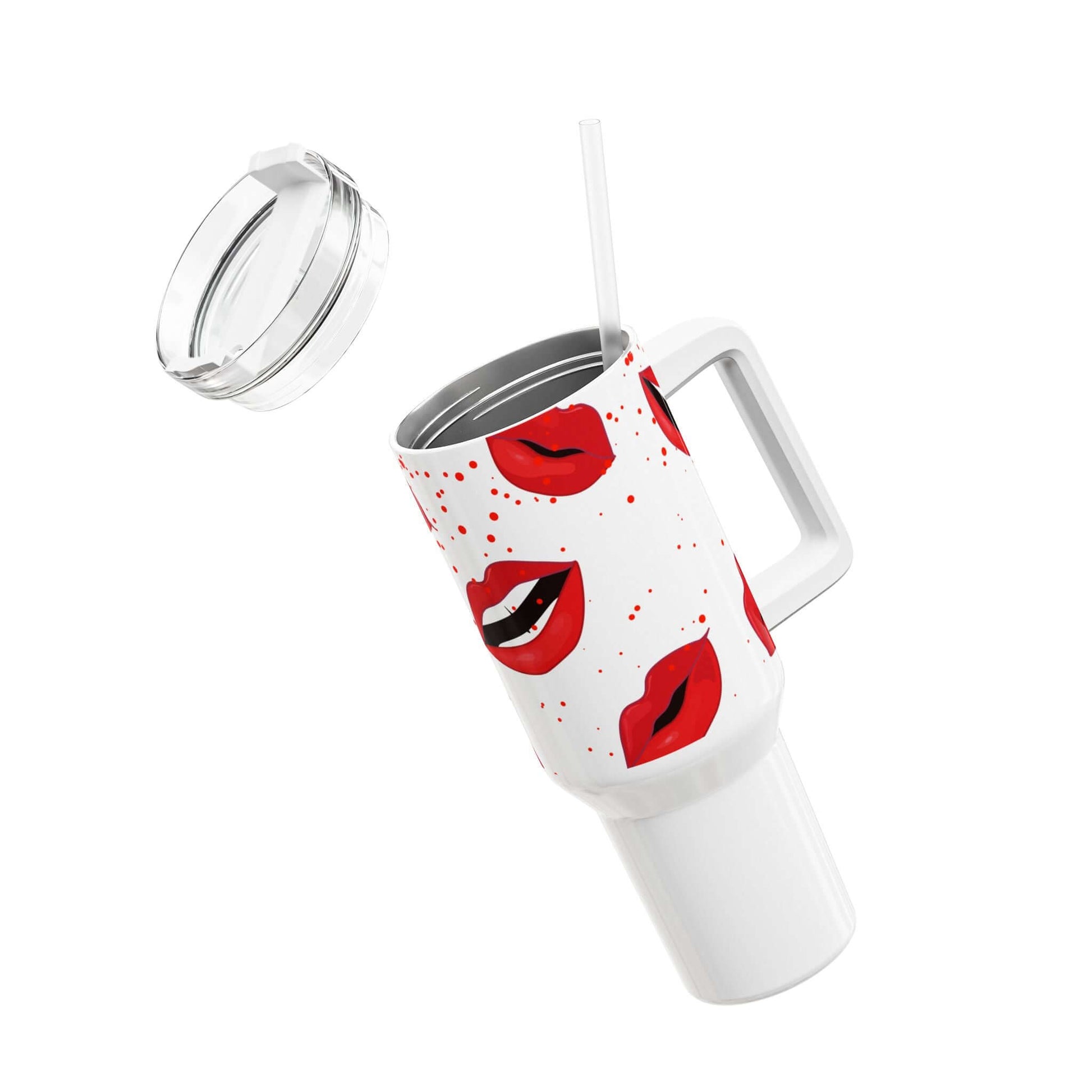 Red Lips Gym Tumbler with clear lid and straw, stylish design for hydration on the go.
