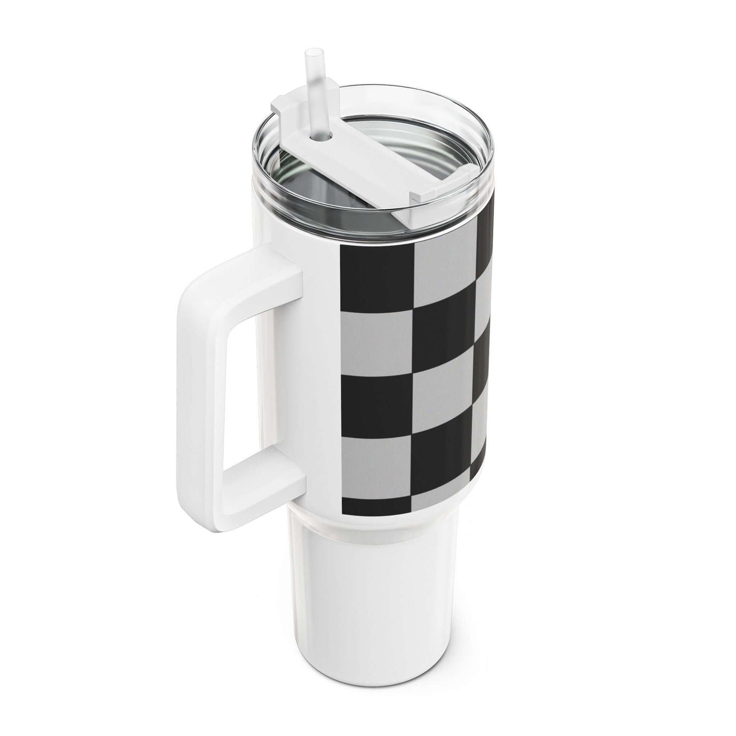 Checkered Fitness Lifestyle Tumbler with a clear lid and durable design for hot and cold drinks.