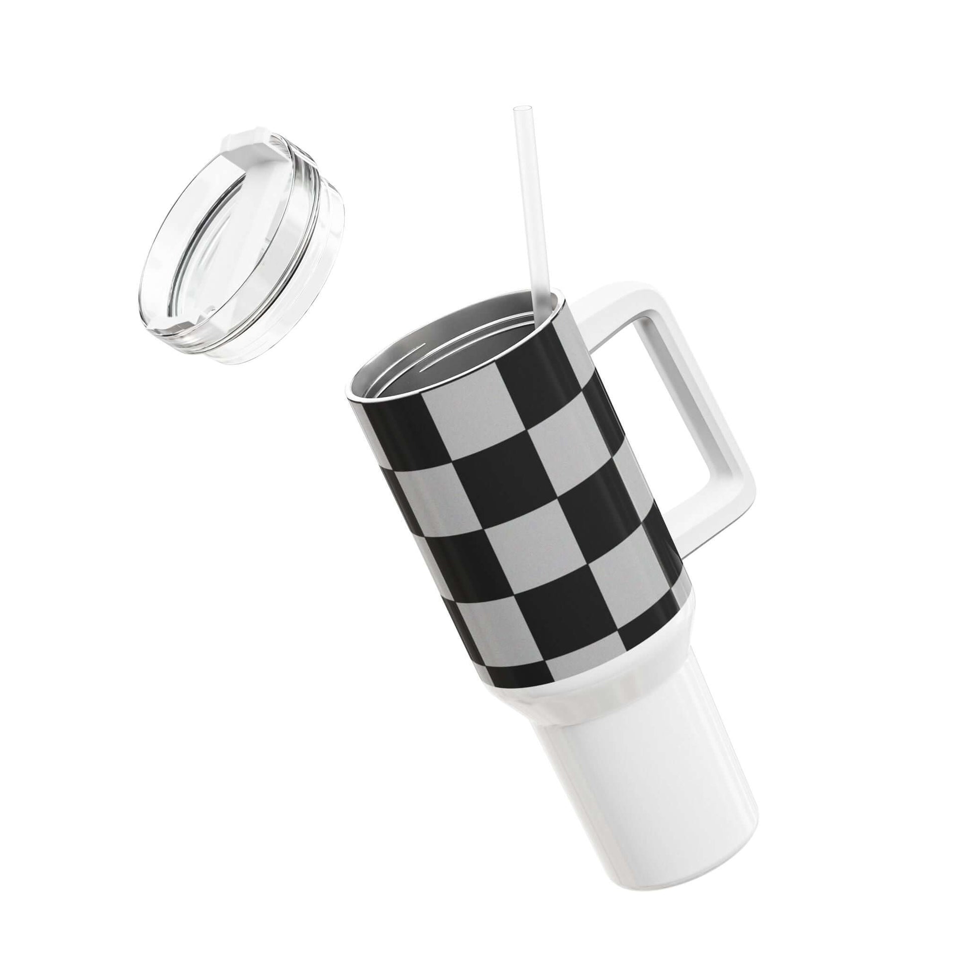 Checkered Fitness Lifestyle Tumbler with clear lid and straw for hydration on the go