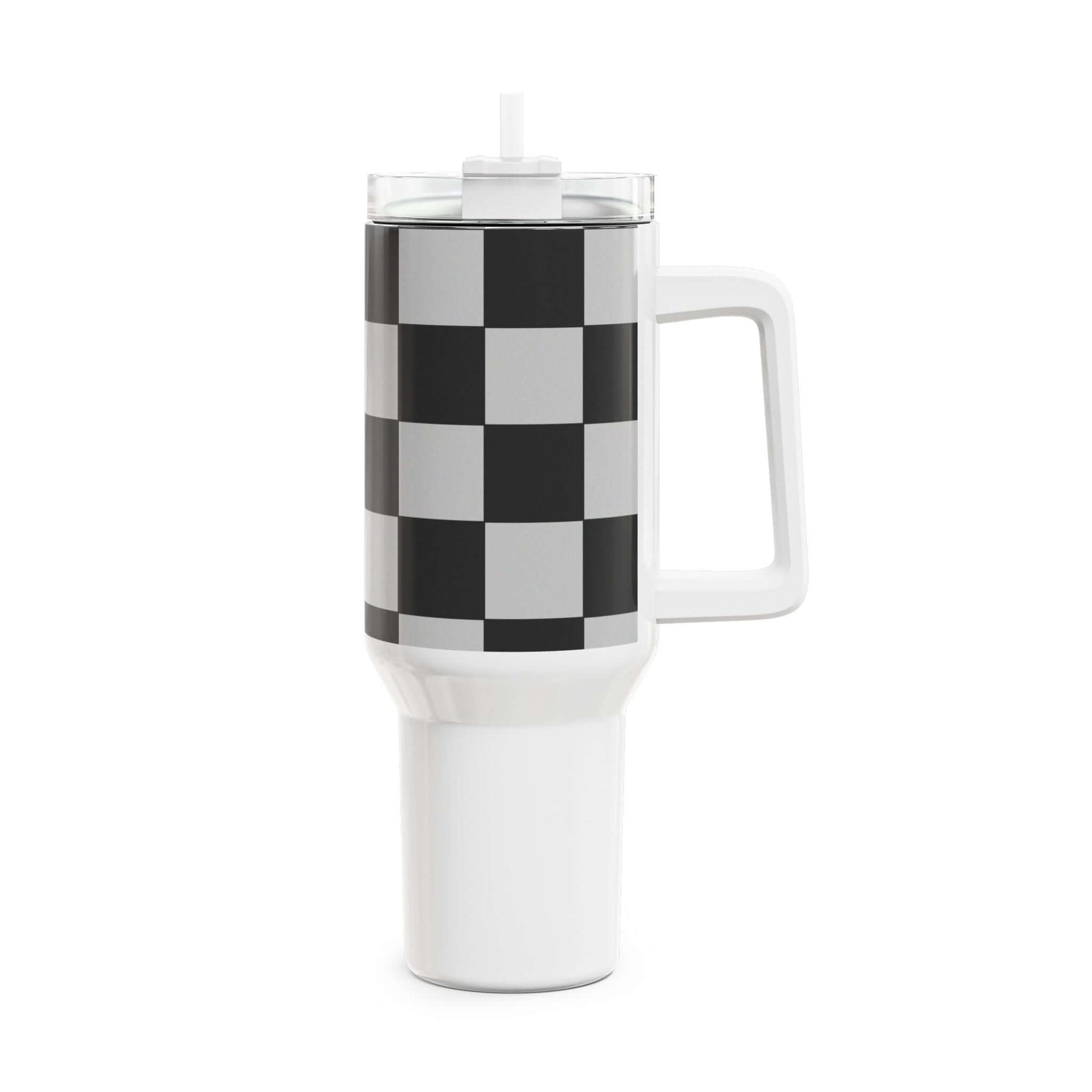 Checkered Fitness Lifestyle Tumbler featuring a black and white checkered design with a clear lid.
