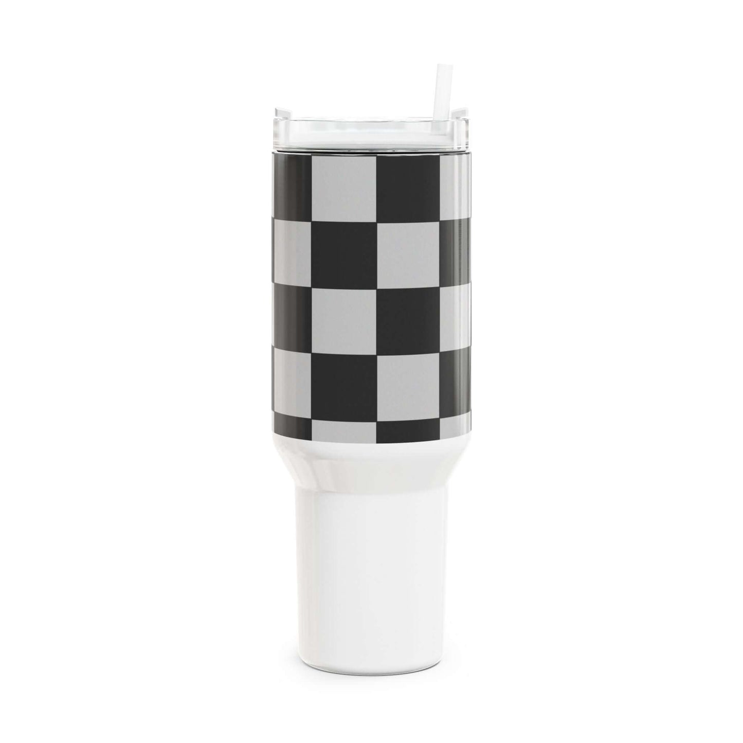 Checkered Fitness Lifestyle Tumbler with straw and black and white checkered design, perfect for hydration on-the-go.