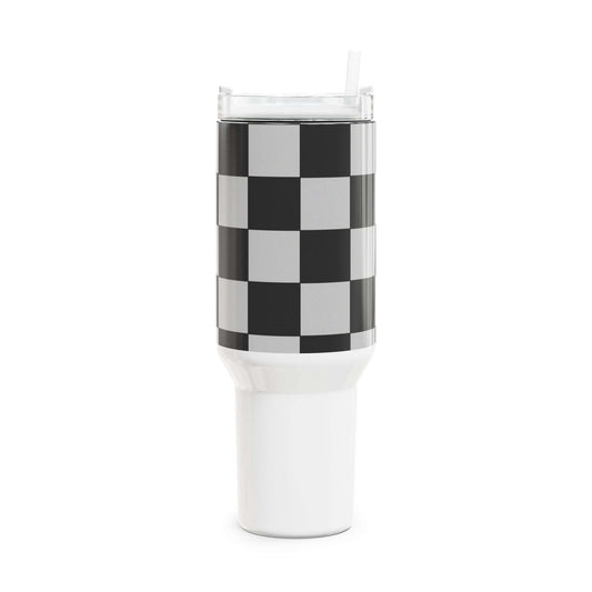Checkered Fitness Lifestyle Tumbler with straw and black and white checkered design, perfect for hydration on-the-go.