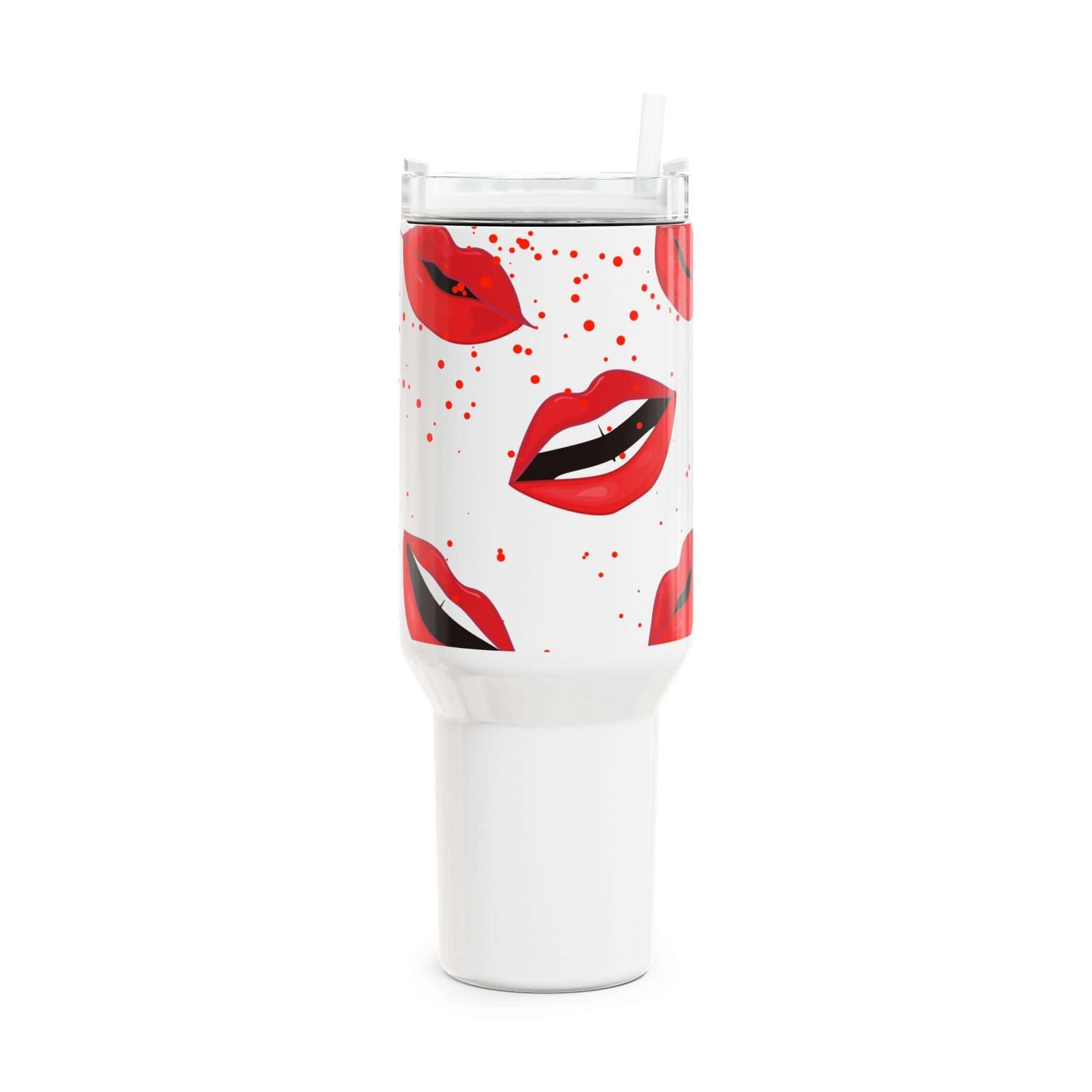 Red Lips Gym Tumbler showcasing vibrant red lips design, perfect for stylish hydration on the go.