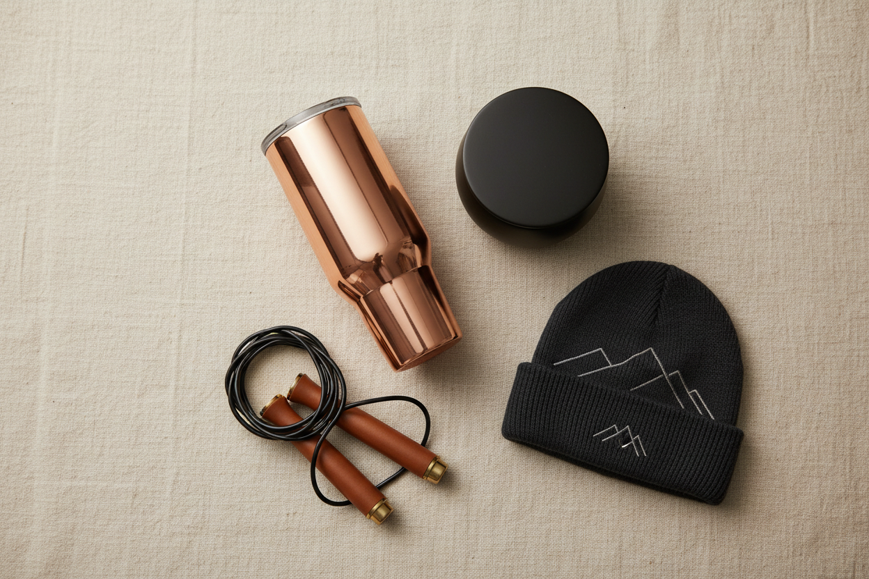 COFFEEBRE Fitness & Caffeine Monthly Box — premium flat lay on warm linen featuring copper tumbler, matte soy candle, charcoal beanie, and lifestyle accessory