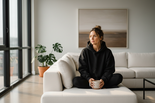 A woman in a premium oversized 450GSM matte black heavyweight hoodie relaxing post-workout with a warm coffee — COFFEEBRE luxury recovery loungewear for women.