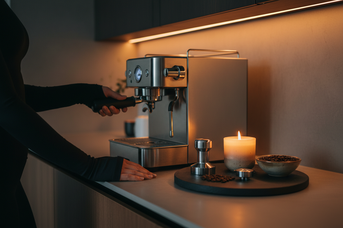 A luxury aesthetic home coffee station with an espresso machine, precision tools on a matte stone tray, and a glowing soy wax candle — COFFEEBRE's guide to designing a minimalist home cafe with aromatherapy and intentional lighting.