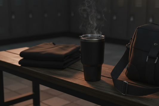 A premium matte black double-wall vacuum insulated travel tumbler on a gym bench — COFFEEBRE's leakproof coffee tumbler engineered for the hybrid athlete's commute.
