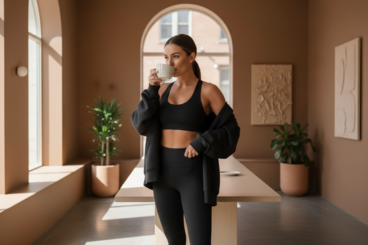 Woman in luxury matte black high-waisted leggings and racerback sports bra with oversized charcoal hoodie holding a specialty coffee — COFFEEBRE transitional activewear 2026