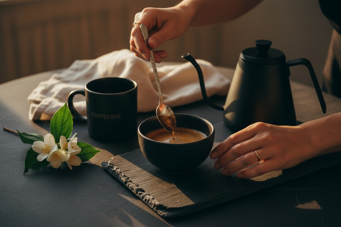 Elegant hands with a silver cupping spoon over a matte black ceramic bowl — COFFEEBRE luxury drinkware and specialty coffee cupping guide