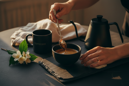 Elegant hands with a silver cupping spoon over a matte black ceramic bowl — COFFEEBRE luxury drinkware and specialty coffee cupping guide