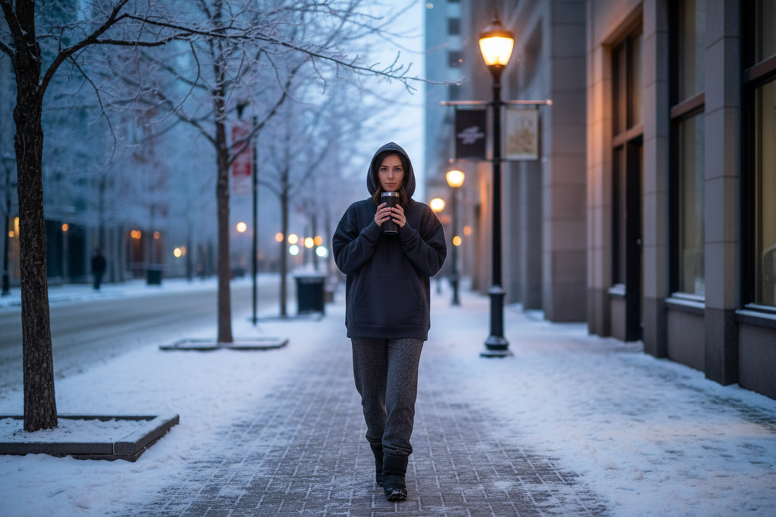 Woman in a 450GSM heavyweight organic cotton hoodie walking a frost-covered Canadian city street at dawn, holding a leakproof insulated coffee tumbler — COFFEEBRE built for the Canadian commute.