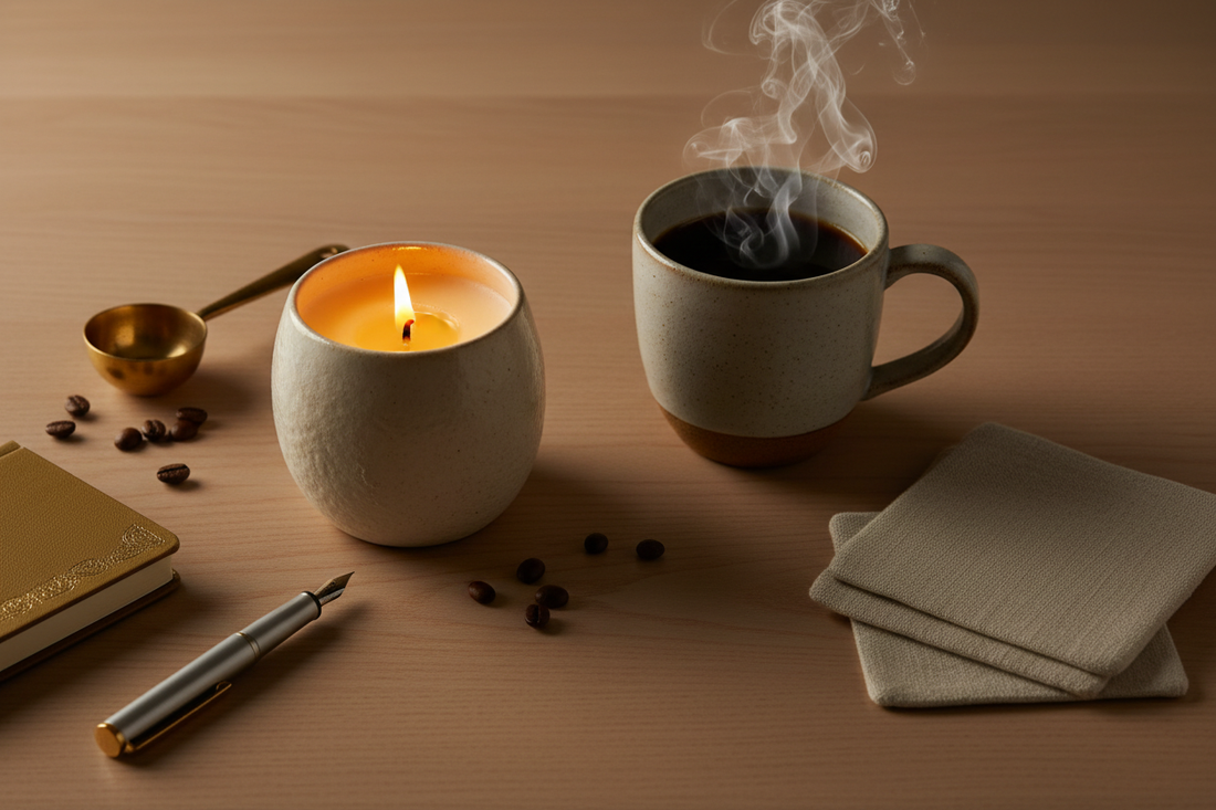 COFFEEBRE lit scented candle alongside steaming coffee mug warm lifestyle flat lay