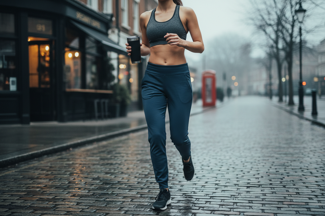 Woman in premium high-impact sports bra and technical joggers running through a British city street, insulated travel cup in hand — COFFEEBRE luxury gym wear for HYROX and run club.