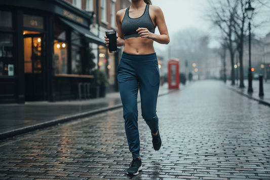 Woman in premium high-impact sports bra and technical joggers running through a British city street, insulated travel cup in hand — COFFEEBRE luxury gym wear for HYROX and run club.