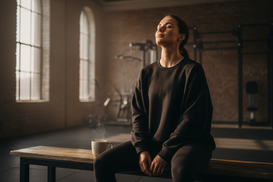 An athletic woman in a premium oversized heavyweight black sweatshirt resting on a gym bench post-workout with a ceramic coffee cup — COFFEEBRE's guide to luxury loungewear as a functional recovery tool for DOMS and nervous system down-regulation.