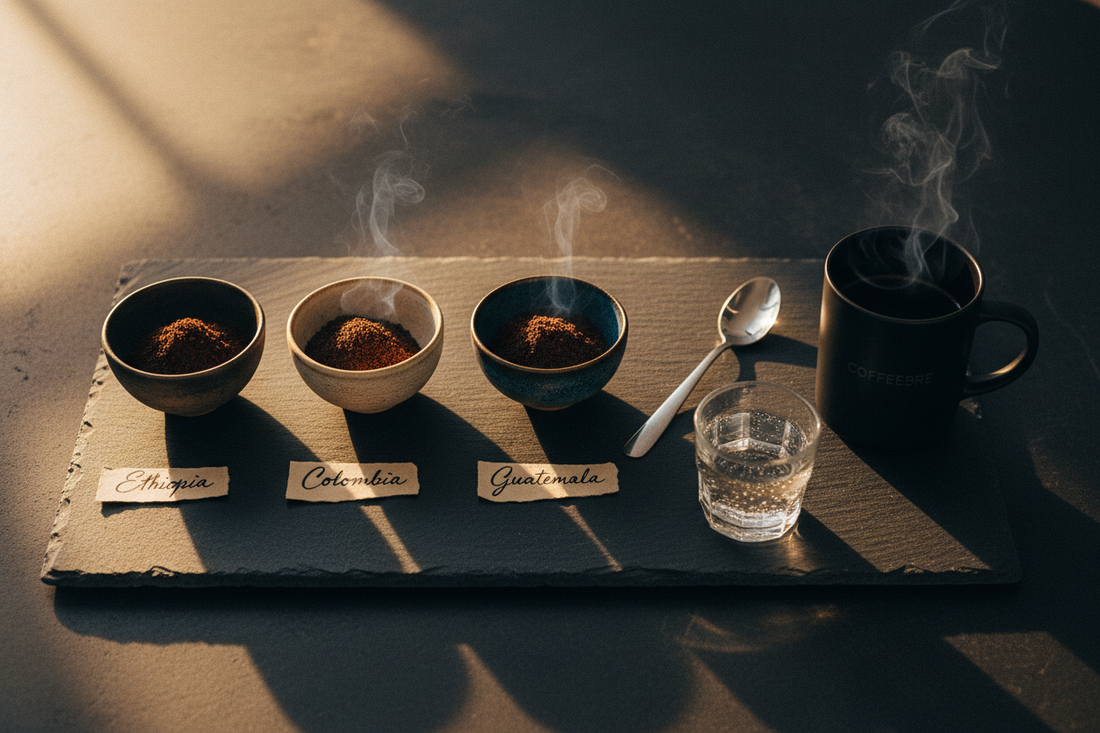 Three single-origin coffee cupping bowls — Ethiopia, Colombia, and Guatemala — with a COFFEEBRE ceramic mug on dark slate | COFFEEBRE specialty coffee origin guide