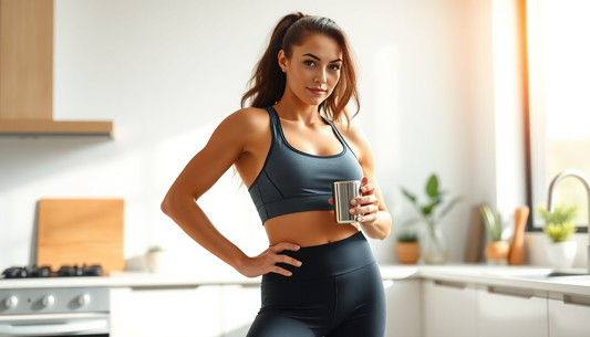 A fit woman in athletic wear enjoying coffee in the kitchen while exploring how to unlock your fitness potential with the power of coffee.
