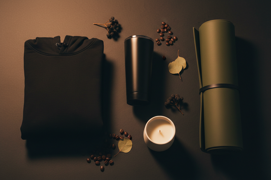 A curated luxury gift flat lay featuring a matte black insulated coffee tumbler, 450GSM heavyweight hoodie, natural rubber yoga mat, and soy wax espresso candle — COFFEEBRE premium gift ideas for fitness and coffee enthusiasts
