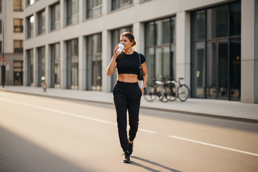 An athletic woman in premium tapered black joggers and a cropped activewear top walking along a sunlit urban street with a specialty coffee — COFFEEBRE's guide to luxury women's joggers engineered for active rest days, commutes, and lifestyle versatility.