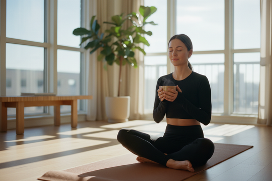 A person in premium black athleisure seated on a yoga mat holding a warm coffee cup in mindful rest — COFFEEBRE's guide to active recovery and rest day science for hybrid athletes.