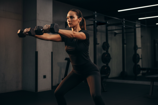 An athletic woman in a premium black moisture-wicking technical training tee and leggings performing a dumbbell exercise in a luxury gym — COFFEEBRE's guide to micro-synthetic fabric engineering for high-intensity women's activewear.