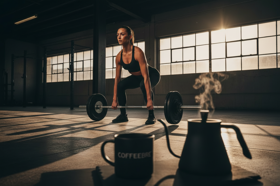 Woman in premium activewear performing a barbell deadlift at dawn with a COFFEEBRE ceramic mug in the foreground — The 5AM Protocol morning routine guide