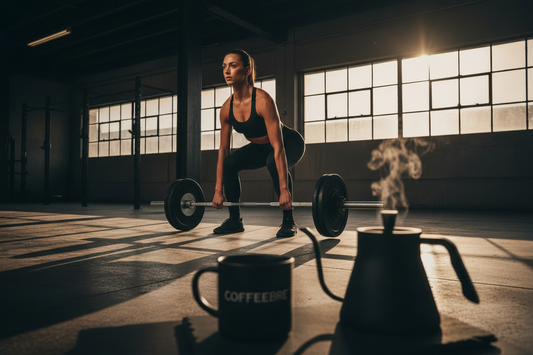 Woman in premium activewear performing a barbell deadlift at dawn with a COFFEEBRE ceramic mug in the foreground — The 5AM Protocol morning routine guide
