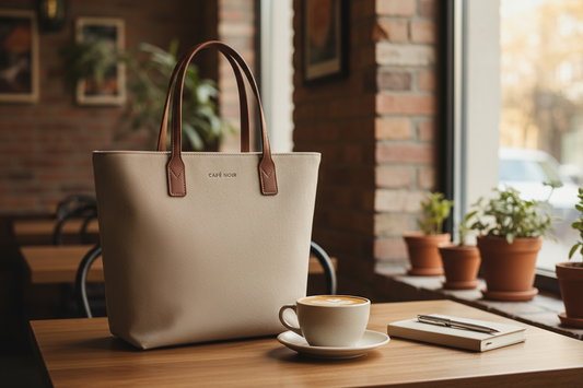 COFFEEBRE stylish eco-friendly tote bag on cafe table with coffee cup