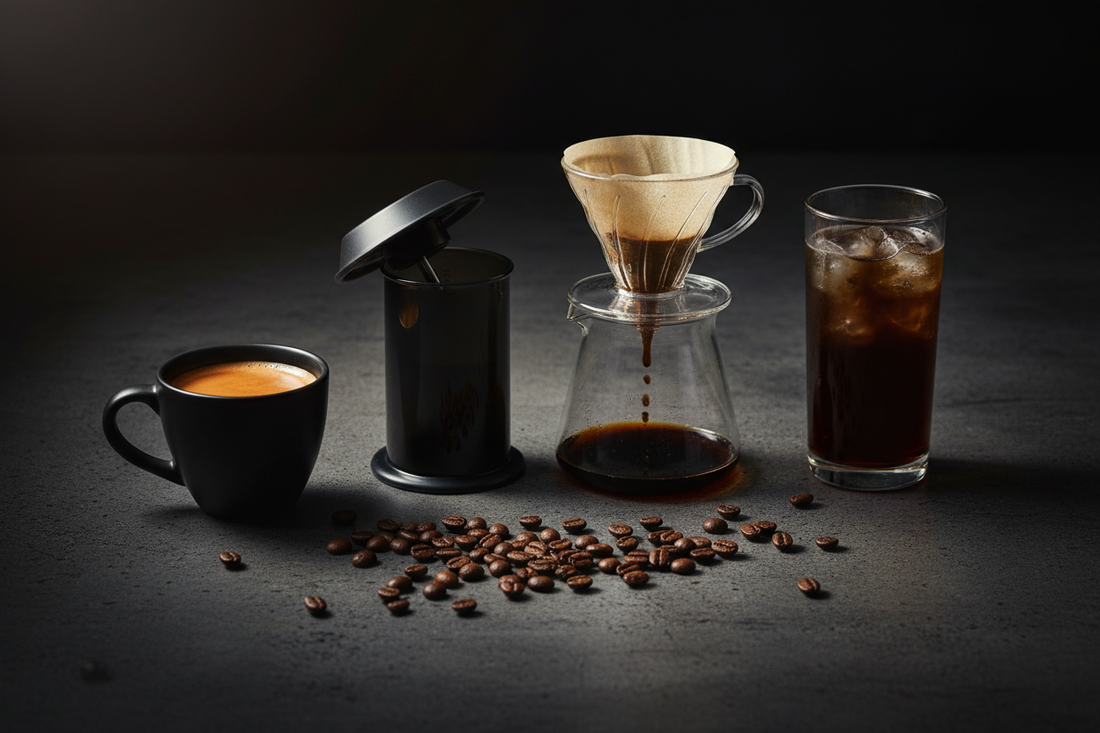 Three premium coffee brewing methods — espresso, AeroPress, and cold brew — on dark concrete. COFFEEBRE's guide to the best pre-workout coffee for athletes.