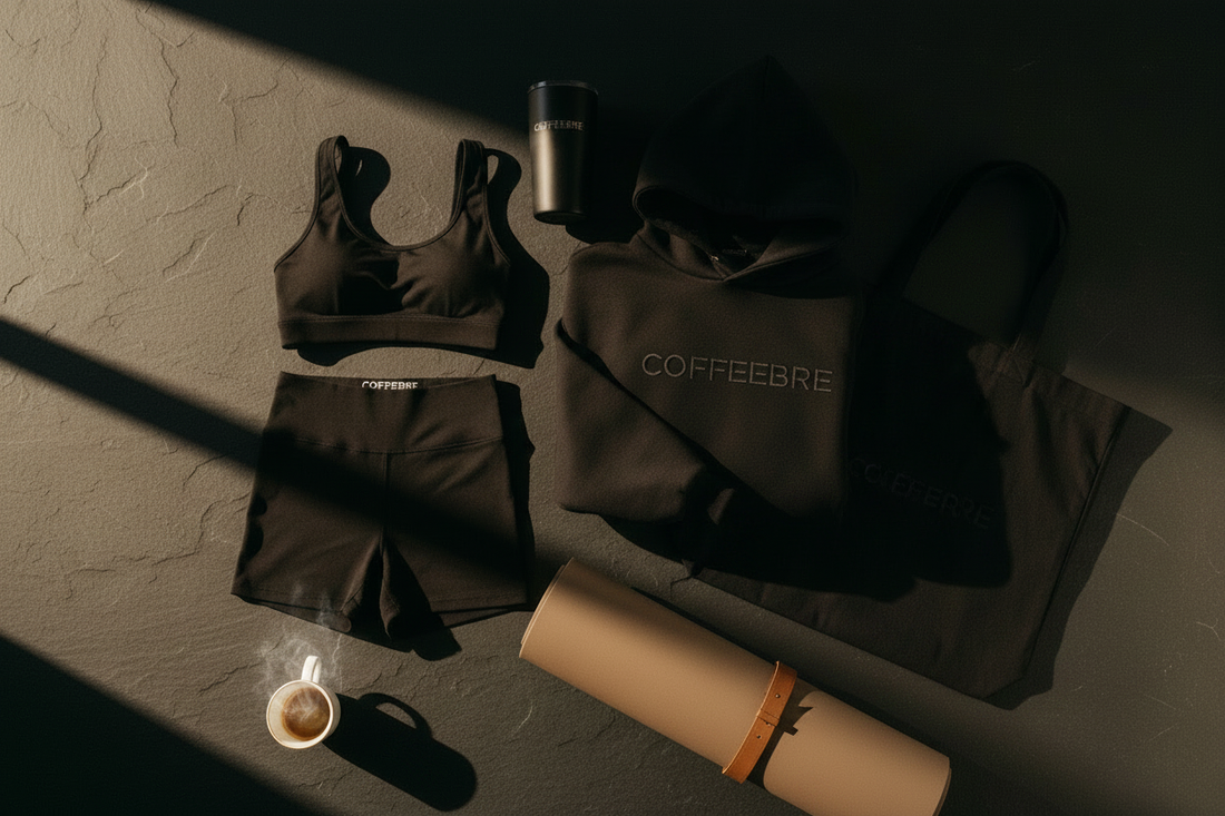 The COFFEEBRE Gym Bag Edit — premium flat lay of women's activewear, insulated tumbler, yoga mat, and organic cotton tote on dark marble | essential accessories for the hybrid athlete