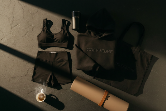 The COFFEEBRE Gym Bag Edit — premium flat lay of women's activewear, insulated tumbler, yoga mat, and organic cotton tote on dark marble | essential accessories for the hybrid athlete