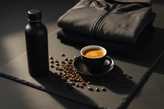 A premium espresso and athletic gear flat lay on dark slate — COFFEEBRE specialty coffee as the ultimate pre-workout ergogenic aid