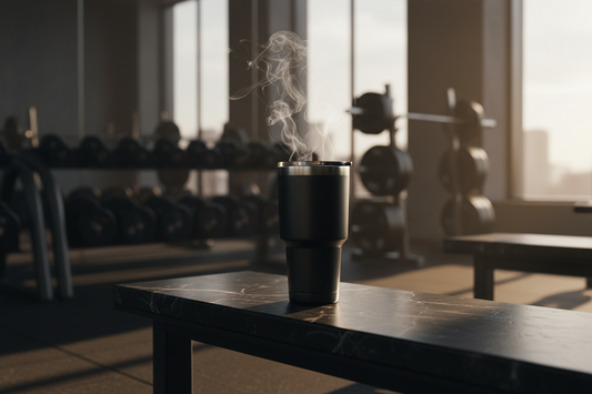 A premium insulated coffee tumbler on a gym bench with soft morning light — COFFEEBRE performance drinkware for the hybrid athlete.