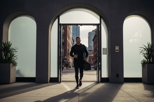 A man in premium black transitional activewear walking from a luxury gym into a sunlit street with a specialty coffee — COFFEEBRE athleisure engineered for the gym-to-cafe lifestyle.