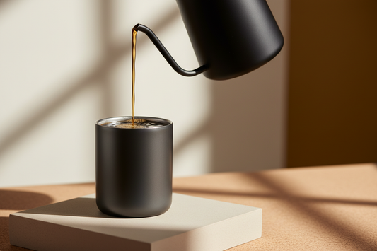COFFEEBRE premium insulated coffee mug with coffee being poured minimal lifestyle shot