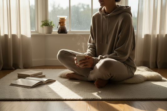 Person in a COFFEEBRE hoodie and joggers holding a coffee mug by a morning window
