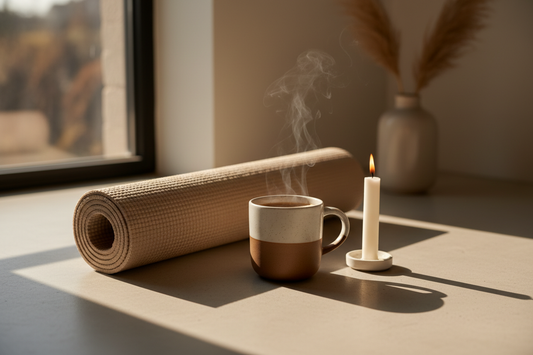COFFEEBRE yoga mat, coffee mug and wellness candle morning ritual flat lay
