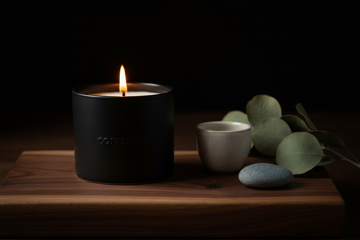 COFFEEBRE luxury aromatherapy and home accents — premium hand-poured soy candle in minimalist ceramic vessel with eucalyptus and espresso for mindful wellness rituals