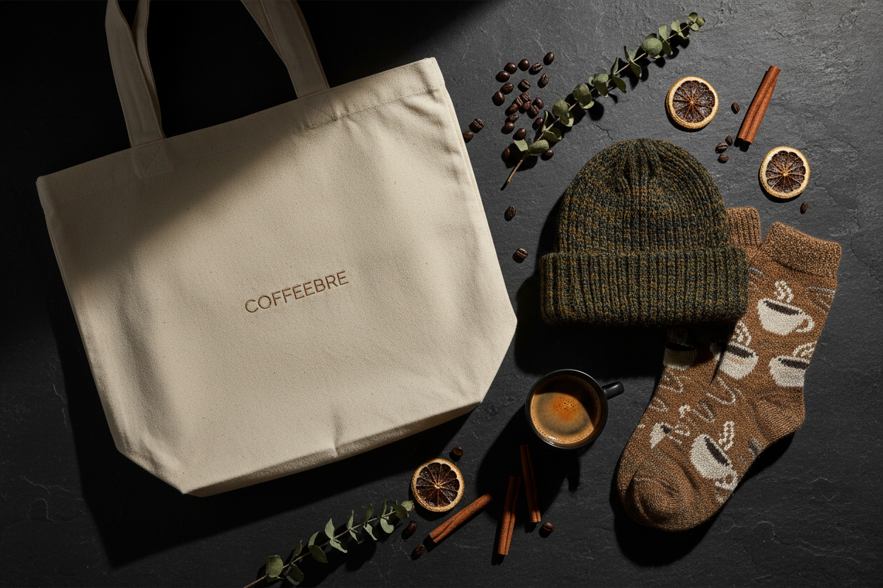 COFFEEBRE brand lifestyle accessories — premium canvas tote bag, embroidered knit beanie and novelty coffee socks for the active coffee lifestyle