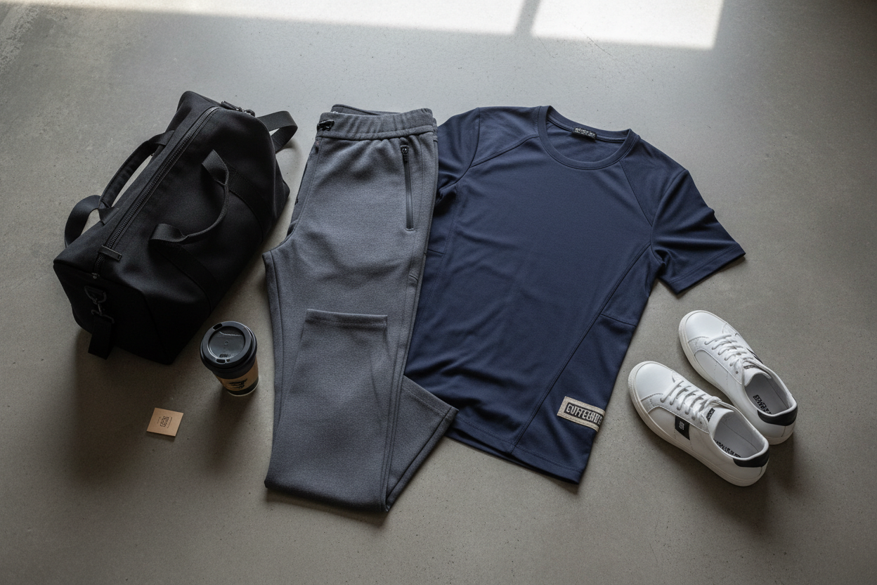 COFFEEBRE gym-to-coffee-shop athleisure — premium transitional joggers and technical tee styled with a specialty coffee cup