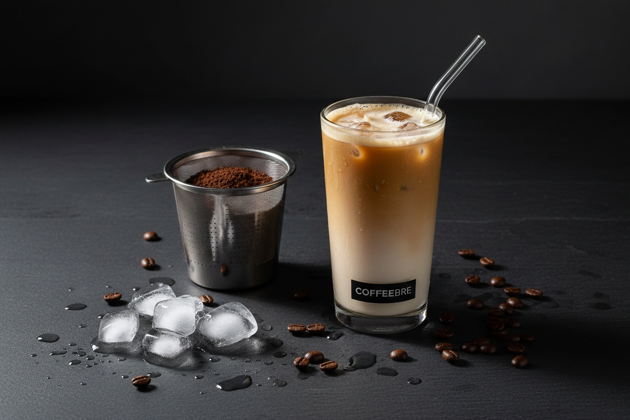 COFFEEBRE iced coffee and cold brew accessories — premium glass tumbler with iced latte and cold brew filter for the chilled coffee ritual