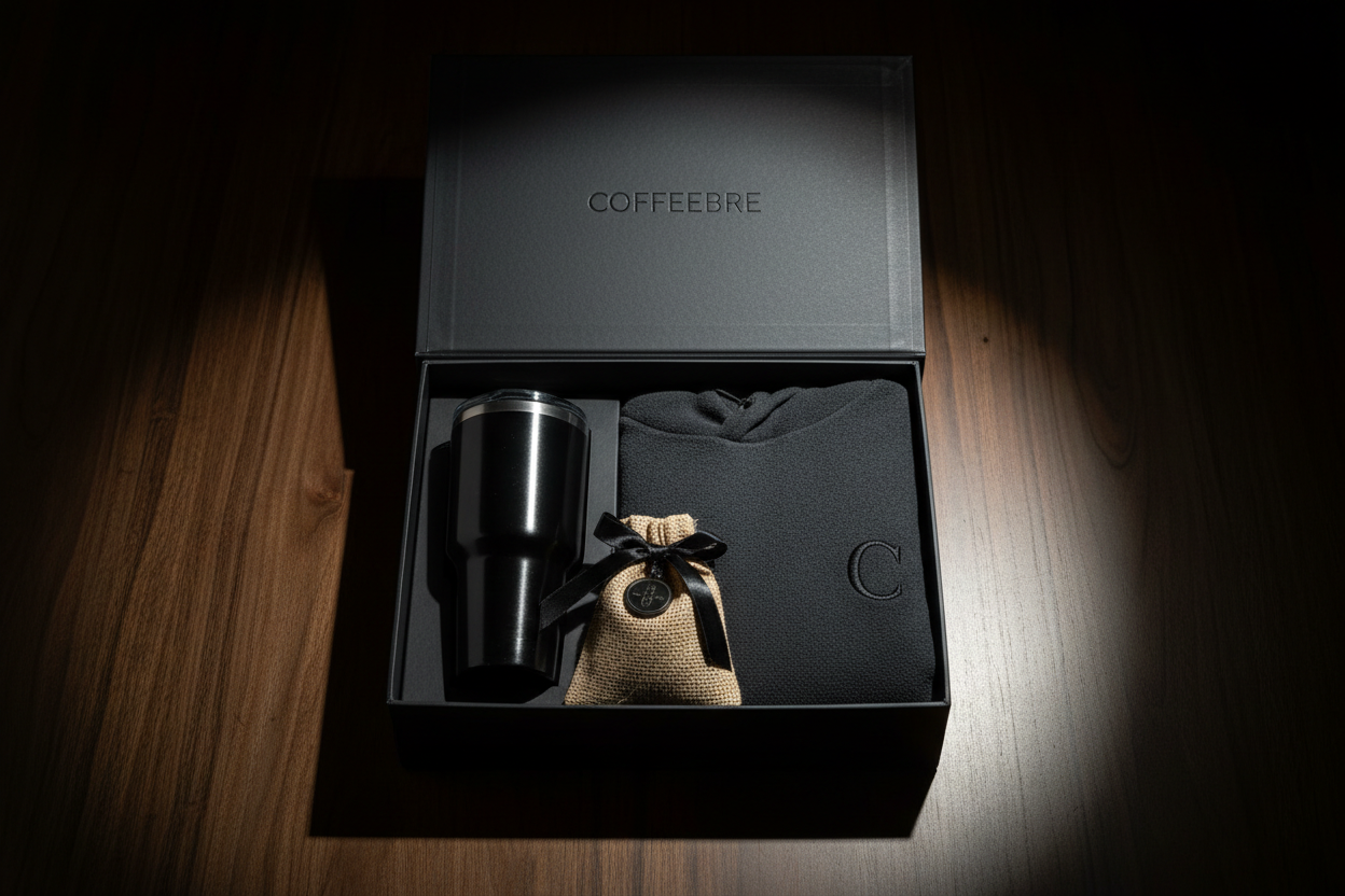 COFFEEBRE luxury gifts for coffee and fitness lovers — premium curated gift set with specialty coffee tumbler, espresso cup and artisan coffee beans