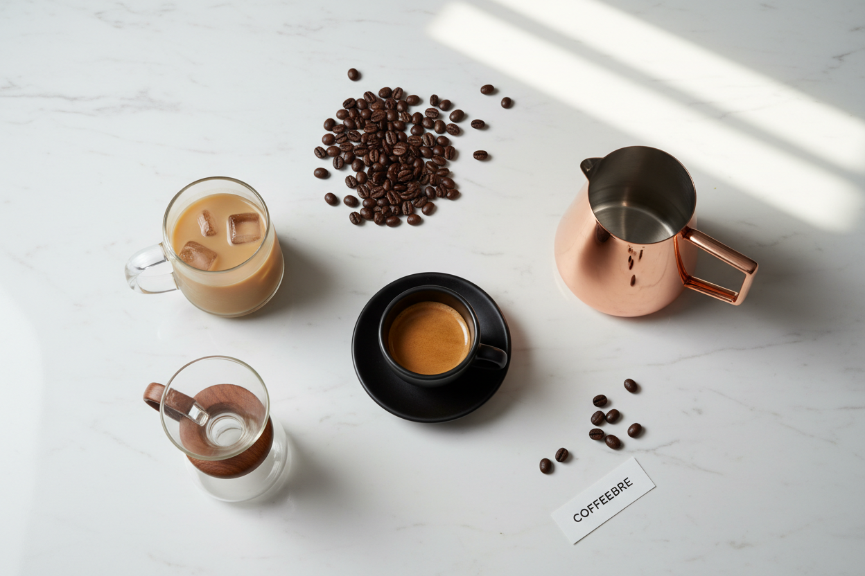 COFFEEBRE luxury coffee mugs and cafe drinkware — ceramic espresso cup, frosted glass mug, and copper vessel for the specialty coffee ritual