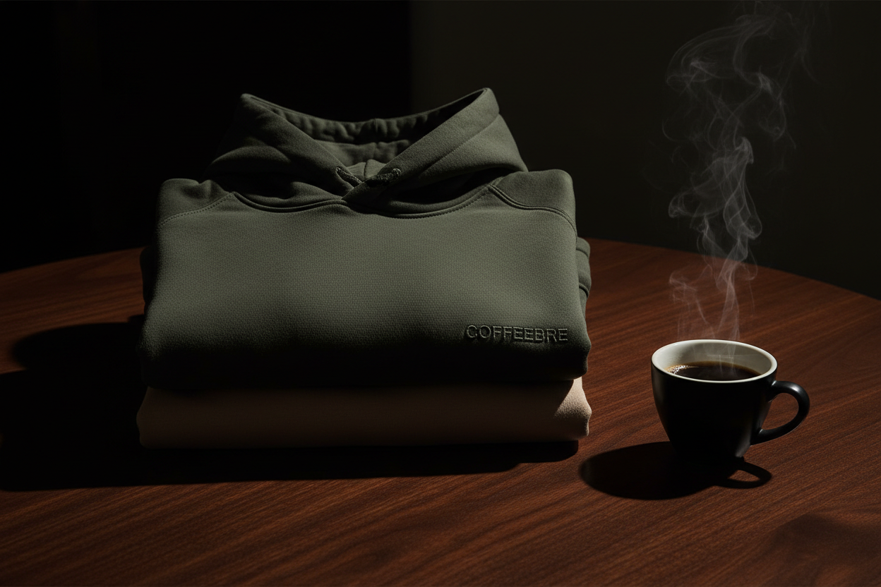 COFFEEBRE luxury heavyweight hoodie — premium embroidered loungewear in earth tones, styled with a ceramic espresso cup
