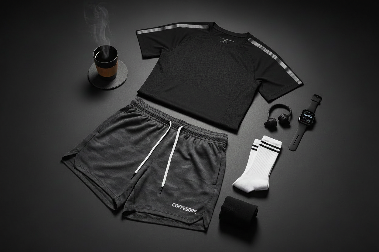 COFFEEBRE men's premium activewear — high-performance gym shorts and training tee, styled with a specialty coffee cup