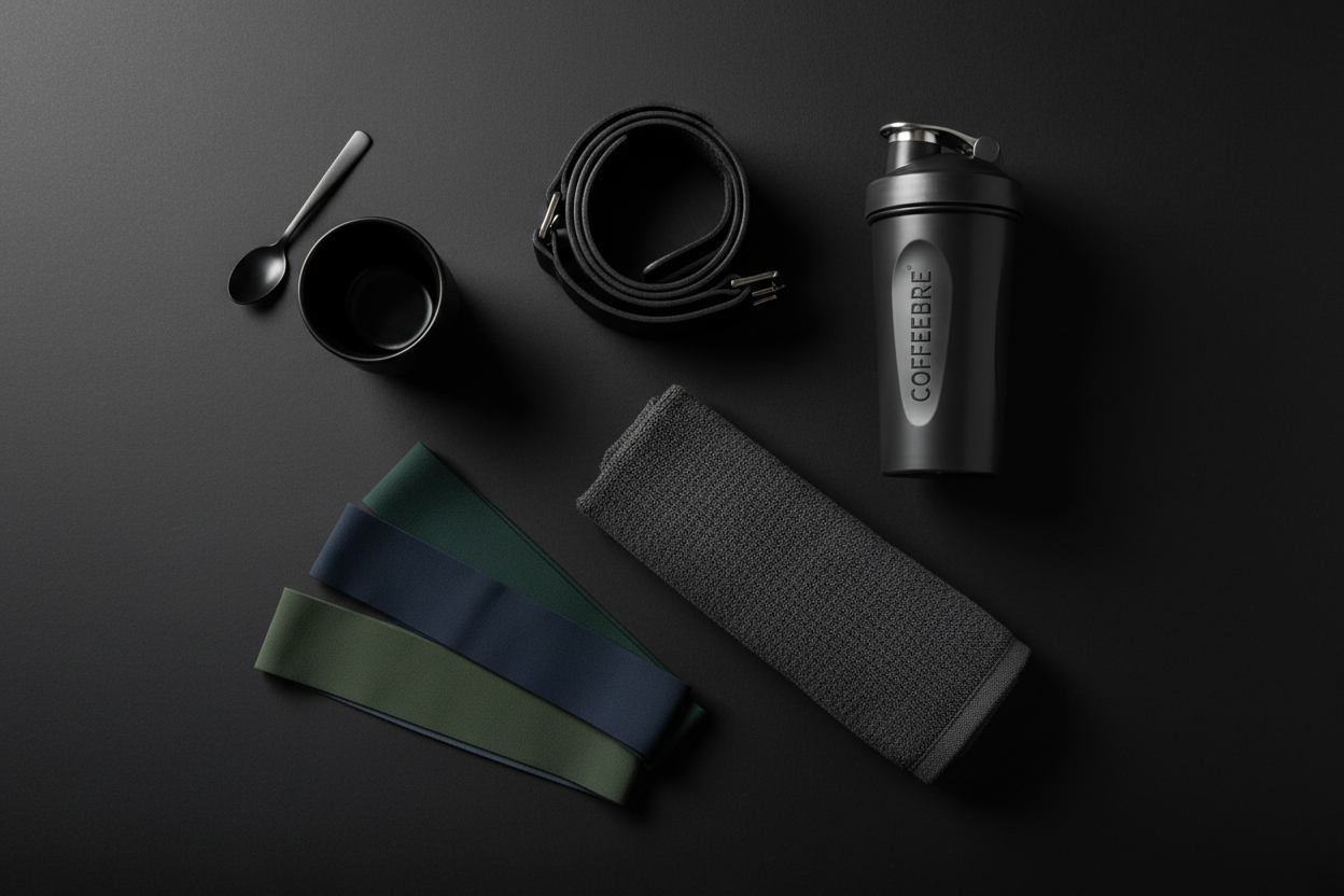 COFFEEBRE performance training accessories — lifting straps, shaker bottle, and training towel styled with a specialty coffee cup